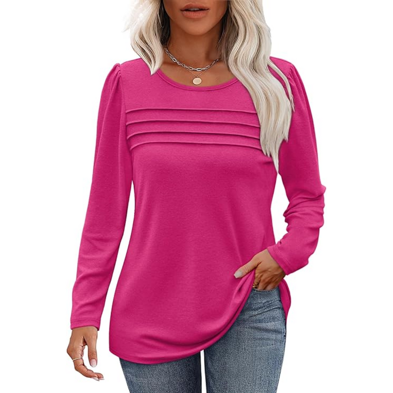 Trendy Pleated Long Sleeve Tunic Top - Sarah-Pink-M-State of Style