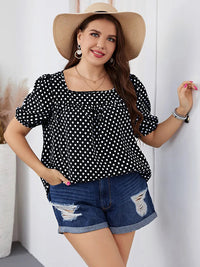 Trendy Plus-Size Boho Blouse with Polka Dot Puff Sleeves-Black-2XL-State of Style