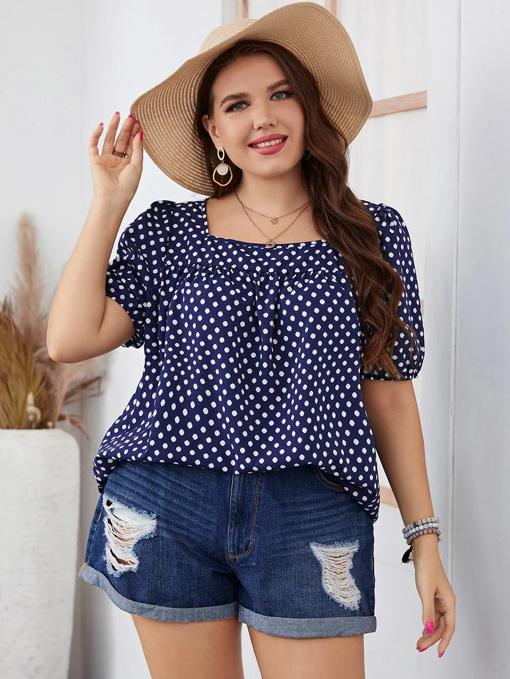 Trendy Plus-Size Boho Blouse with Polka Dot Puff Sleeves-Navy Blue-2XL-State of Style