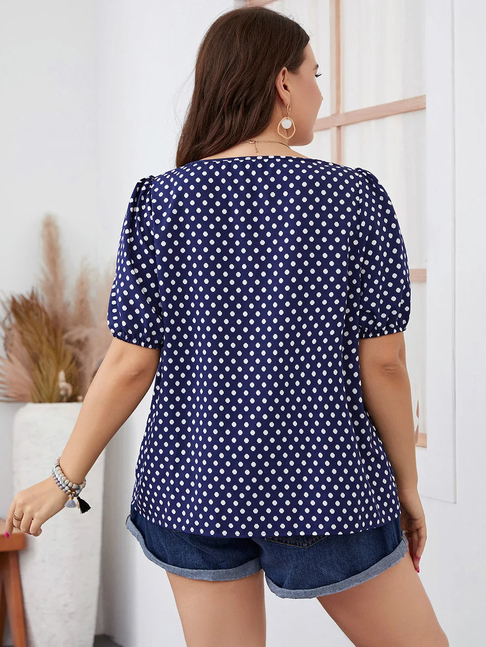 Trendy Plus-Size Boho Blouse with Polka Dot Puff Sleeves-Yellow-2XL-State of Style