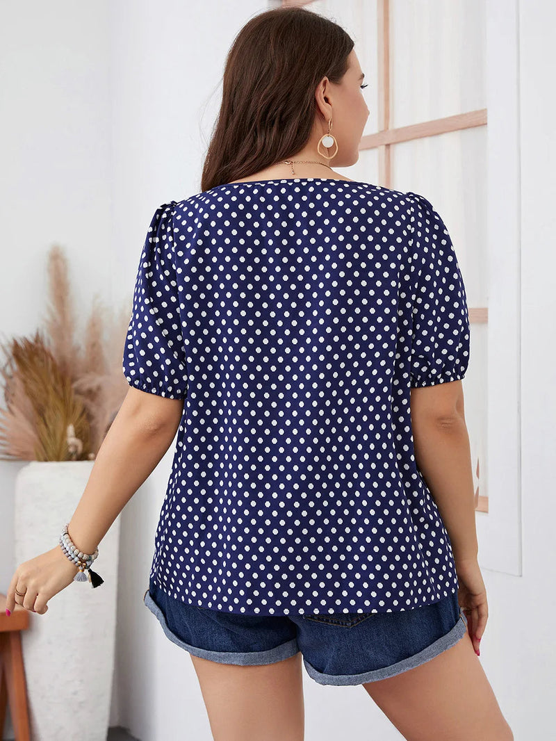 Trendy Plus-Size Boho Blouse with Polka Dot Puff Sleeves-Yellow-2XL-State of Style