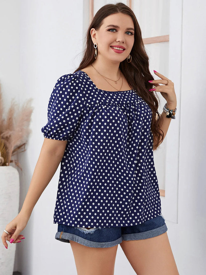 Trendy Plus-Size Boho Blouse with Polka Dot Puff Sleeves-Yellow-2XL-State of Style