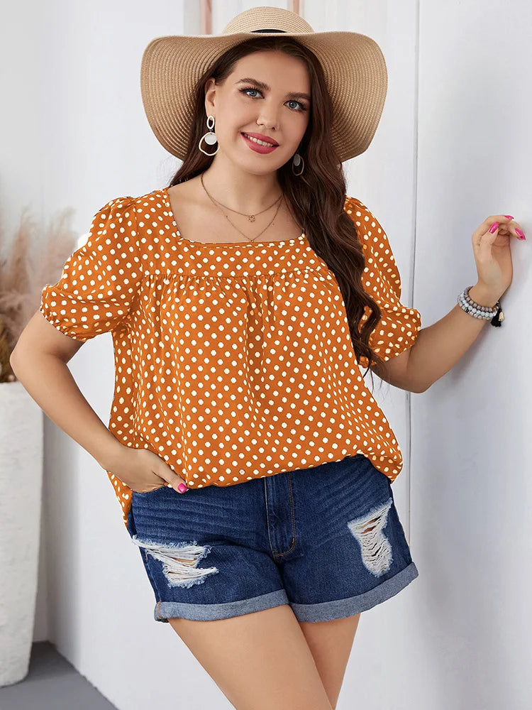 Trendy Plus-Size Boho Blouse with Polka Dot Puff Sleeves-Yellow-2XL-State of Style
