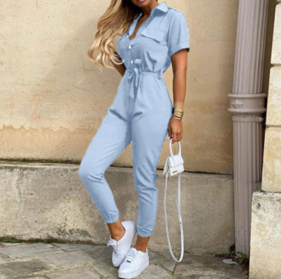Trendy retro jumpsuit with button placket – Velia-Light blue-S-State of Style