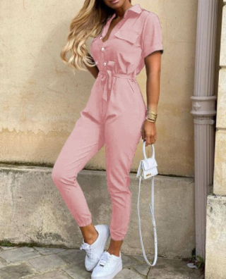 Trendy retro jumpsuit with button placket – Velia-Pink-S-State of Style