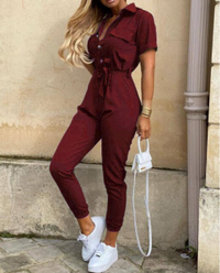 Trendy retro jumpsuit with button placket – Velia-Wine red-S-State of Style