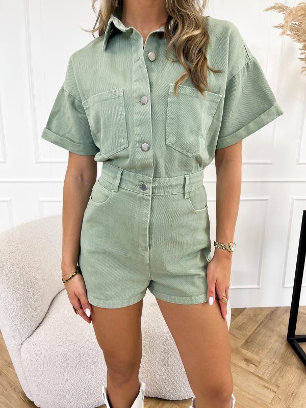Trendy short-sleeved denim jumpsuit with shirt design – Mila-Green-XS-State of Style