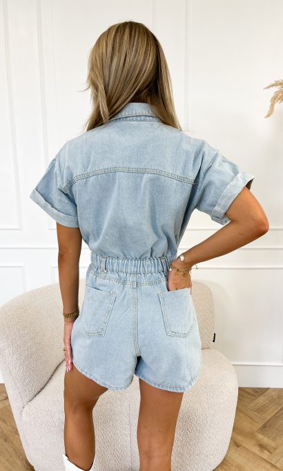 Trendy short-sleeved denim jumpsuit with shirt design – Mila-Green-XS-State of Style