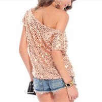 Trendy shoulder t-shirt with sequins for summer nights - GlamGlanz-Black-State of Style
