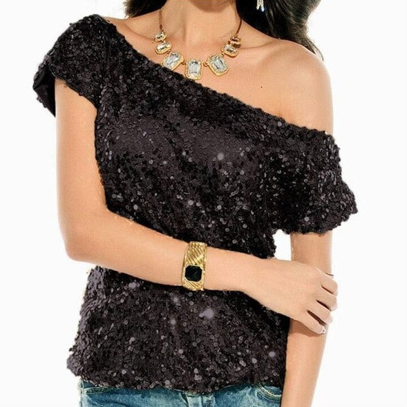 Trendy shoulder t-shirt with sequins for summer nights - GlamGlanz-Black-State of Style