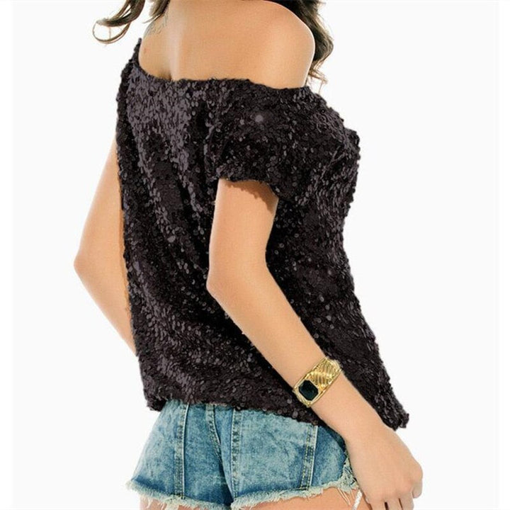 Trendy shoulder t-shirt with sequins for summer nights - GlamGlanz-Black-State of Style