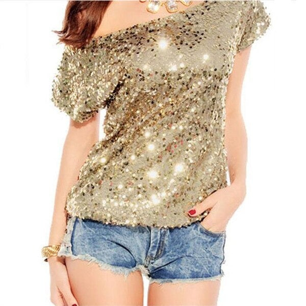 Trendy shoulder t-shirt with sequins for summer nights - GlamGlanz-Gold-State of Style