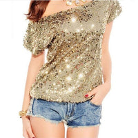 Trendy shoulder t-shirt with sequins for summer nights - GlamGlanz-Gold-State of Style