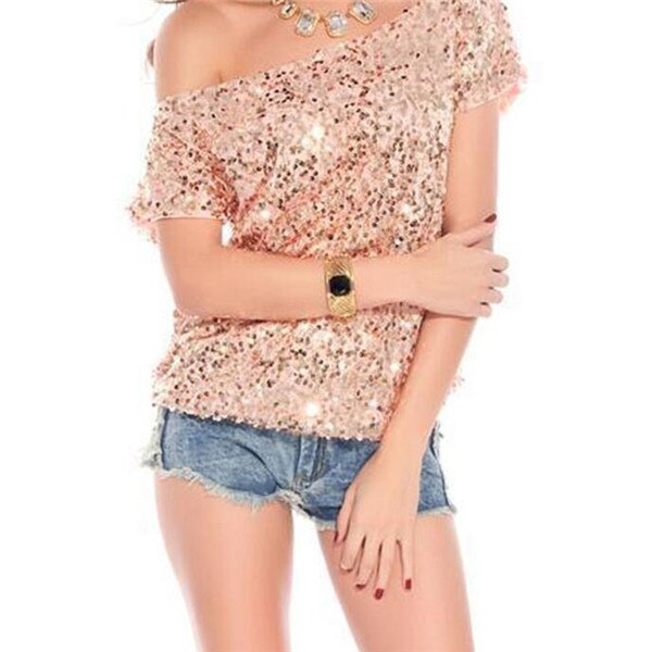 Trendy shoulder t-shirt with sequins for summer nights - GlamGlanz-Pink-State of Style