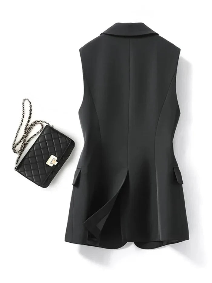 Trendy Sleeveless Blazer - Celeste-Black-S-State of Style