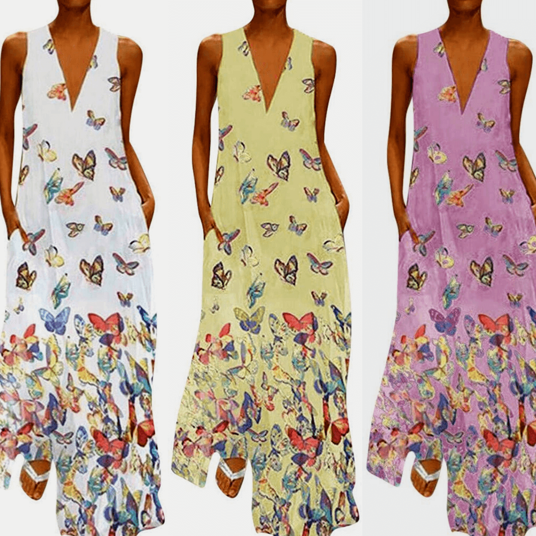 Trendy Sleeveless Maxi Summer Dress with Butterfly Print – Malia-White-S-State of Style