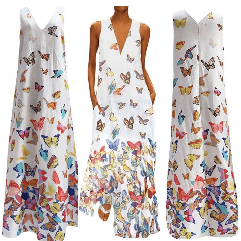 Trendy Sleeveless Maxi Summer Dress with Butterfly Print – Malia-White-S-State of Style
