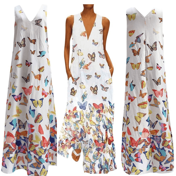 Trendy Sleeveless Maxi Summer Dress with Butterfly Print – Malia-White-S-State of Style