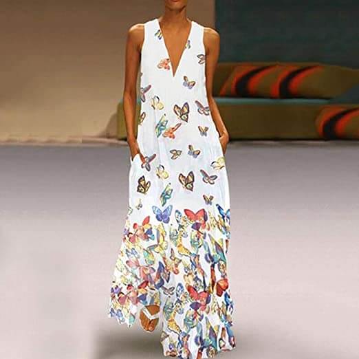 Trendy Sleeveless Maxi Summer Dress with Butterfly Print – Malia-White-S-State of Style