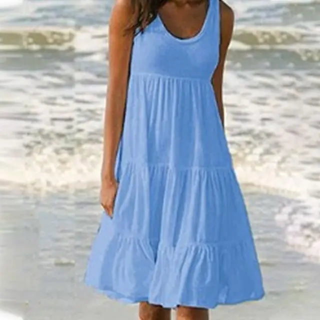 Trendy sleeveless mini dress with round neckline – Amelie-Blue-S-State of Style
