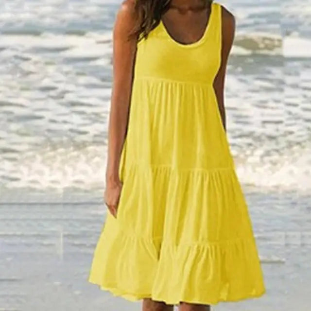 Trendy sleeveless mini dress with round neckline – Amelie-Yellow-S-State of Style