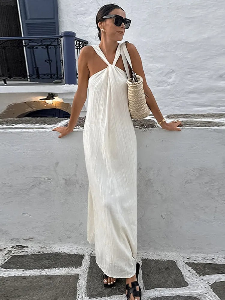 Trendy sleeveless summer dress with a loose fit – Mikayla-Beige-S-State of Style