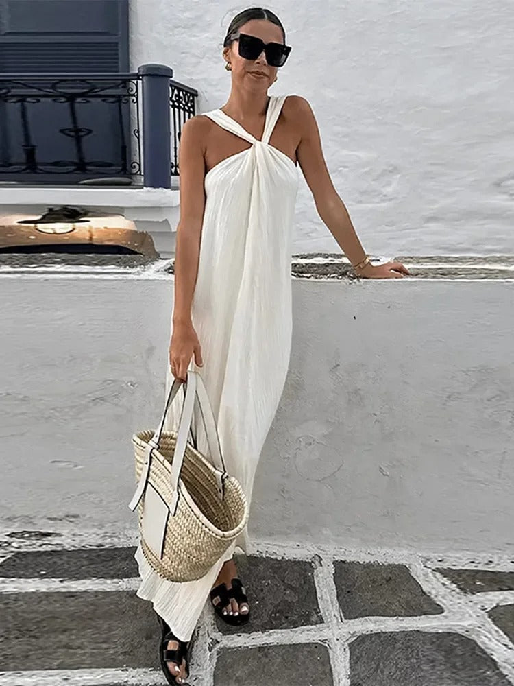Trendy sleeveless summer dress with a loose fit – Mikayla-Beige-S-State of Style