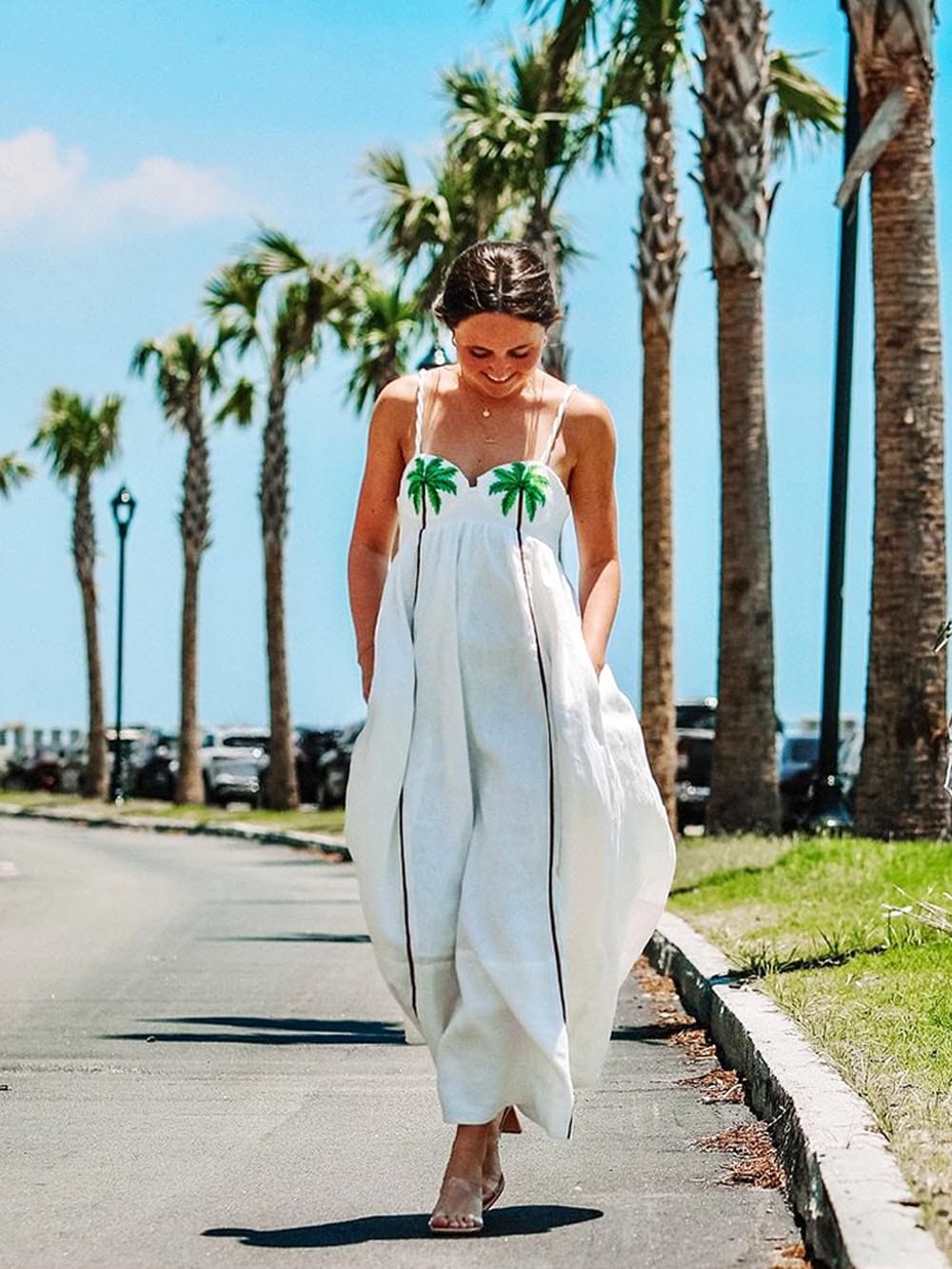 Trendy strappy dress with tropical palm print – Estelle-White-S-State of Style