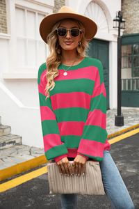 Trendy Striped Women's Sweater - Sohpie-Green/Bright Pink-S-State of Style