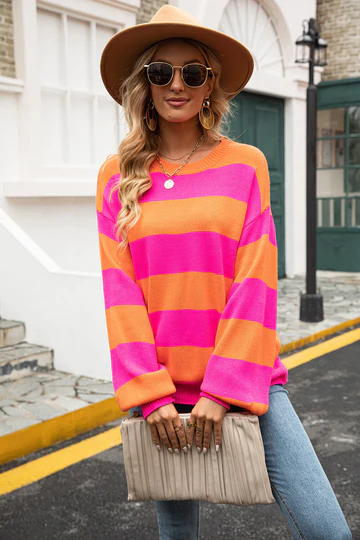 Trendy Striped Women's Sweater - Sohpie-Orange-S-State of Style