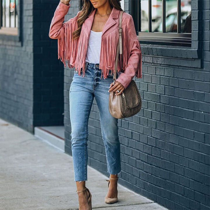 Trendy Suede Women's Jacket with Tassels - Isabella-Pink-S-State of Style