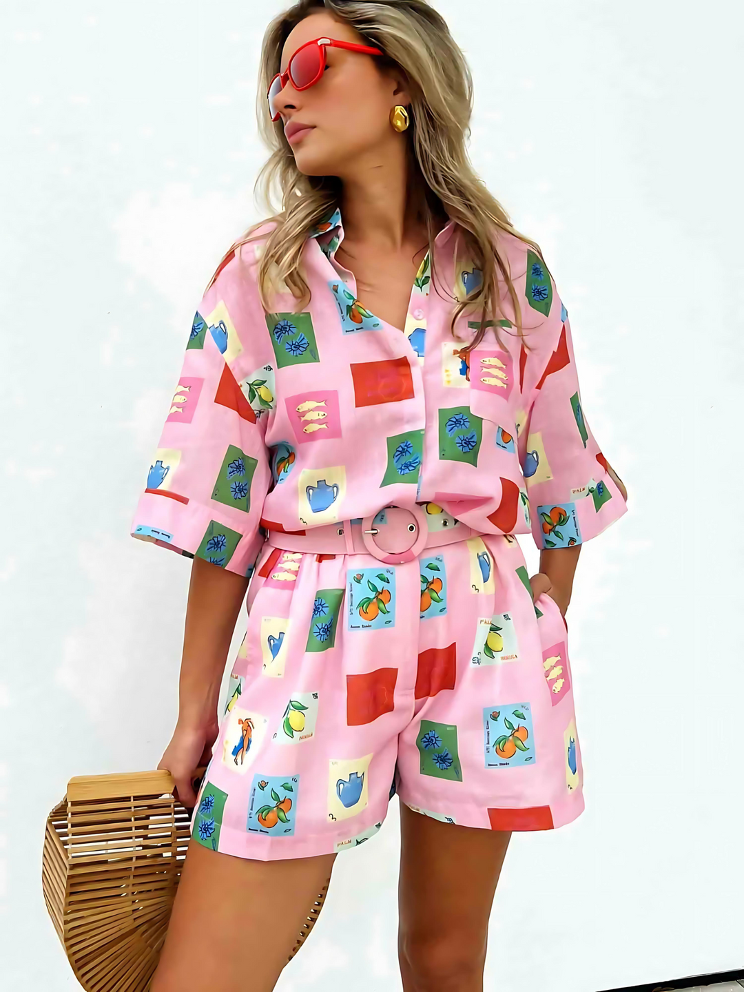 Trendy summer combo of a colourful blouse and shorts - SonneSet-Pink-S-State of Style