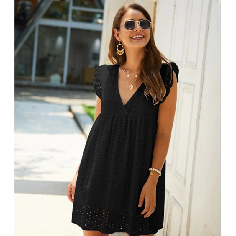 Trendy summer mini dress with ruffled sleeves – Elina-Black-XS-State of Style