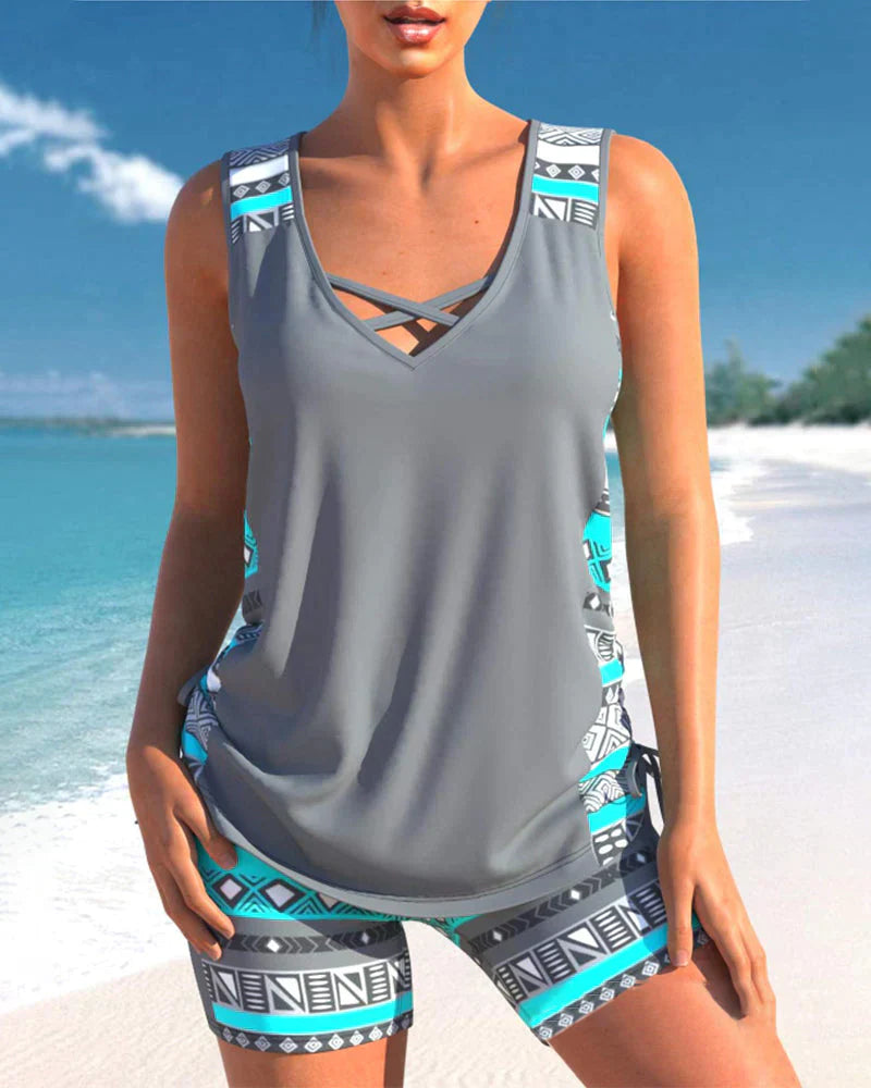 Trendy swimwear with V-neck and geometric pattern – Tankini set Madonna-Gray-S-State of Style