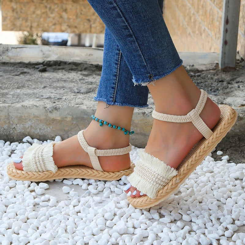 Trendy tassel sandals with low heel – Juliet-Beige-3.5-State of Style