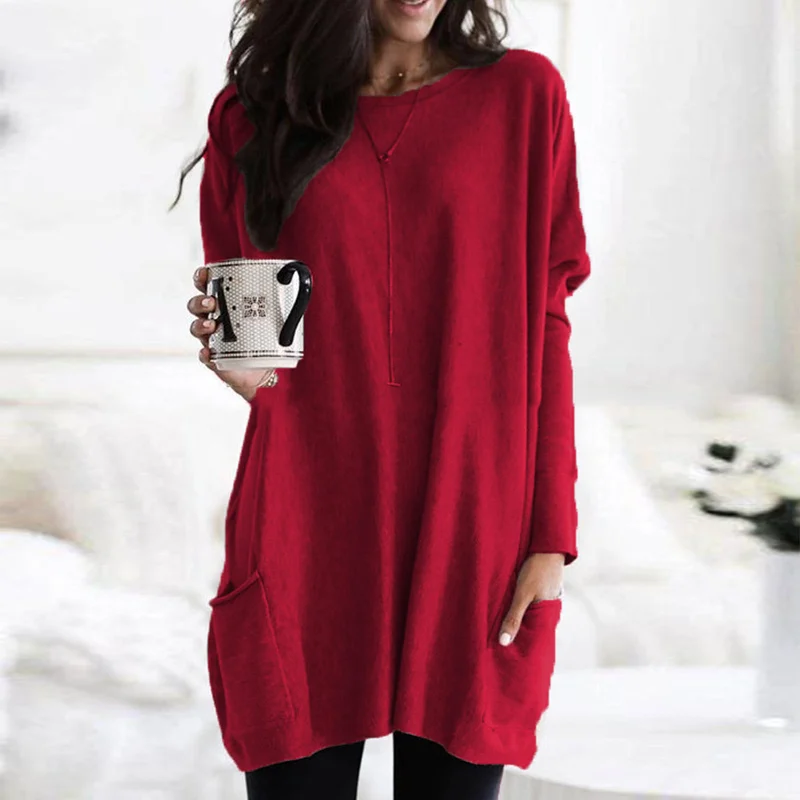 Trendy Tunic with Long Sleeves - Celina-Red-S-State of Style