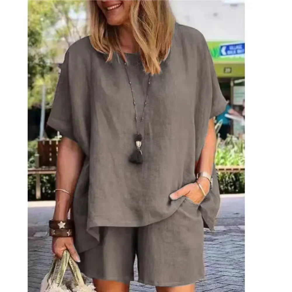 Trendy Two-Piece Linen Summer Set with Shorts for Women – Nayla-Gray-S-State of Style