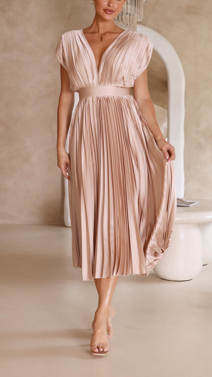 Trendy V-Neck Dress with Tie Closure - Isabella-Champagne-S-State of Style