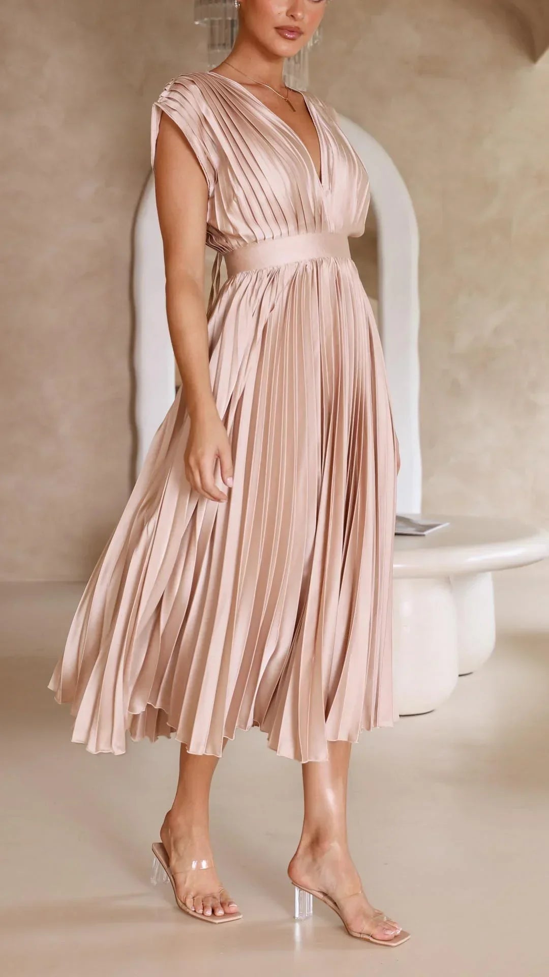Trendy V-Neck Dress with Tie Closure - Isabella-Olive-S-State of Style