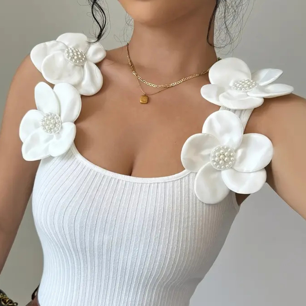 Trendy White Sleeveless Ladies' Top with Floral Details - Elara-XS-State of Style