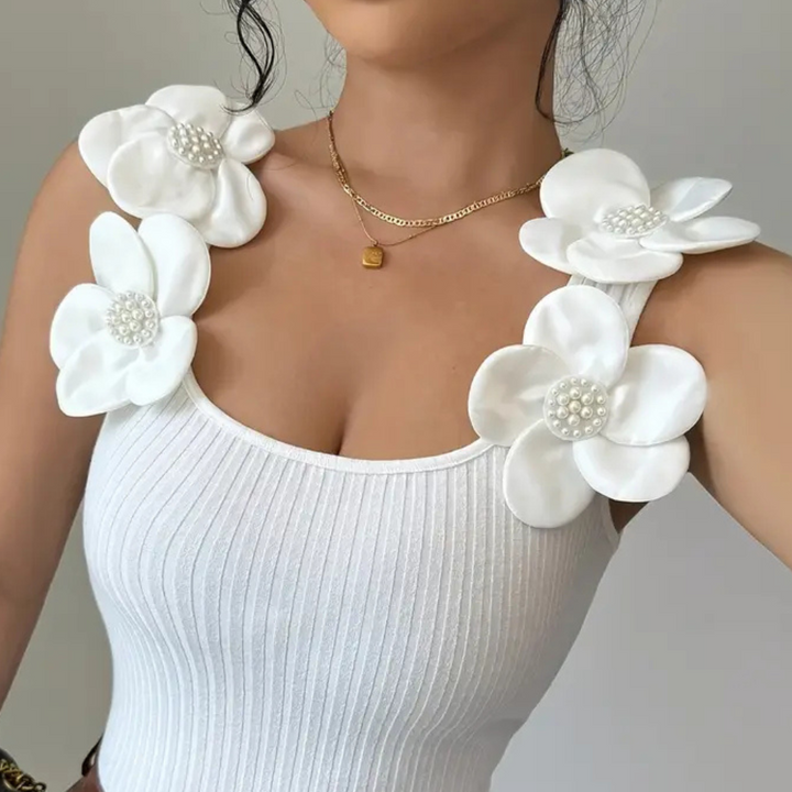 Trendy White Sleeveless Ladies' Top with Floral Details - Elara-XS-State of Style