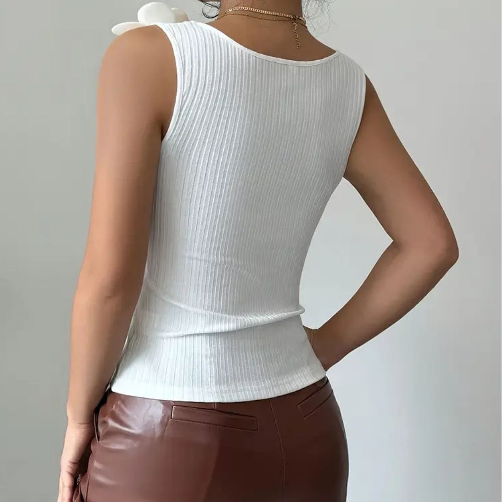 Trendy White Sleeveless Ladies' Top with Floral Details - Elara-XS-State of Style
