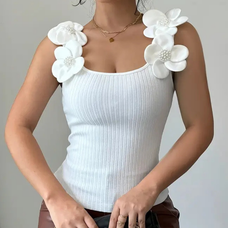 Trendy White Sleeveless Ladies' Top with Floral Details - Elara-XS-State of Style