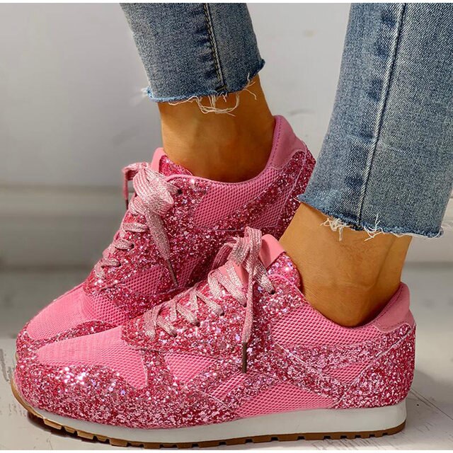 Trendy Women's Glitter Sneakers - Miranda-Pink-5-State of Style
