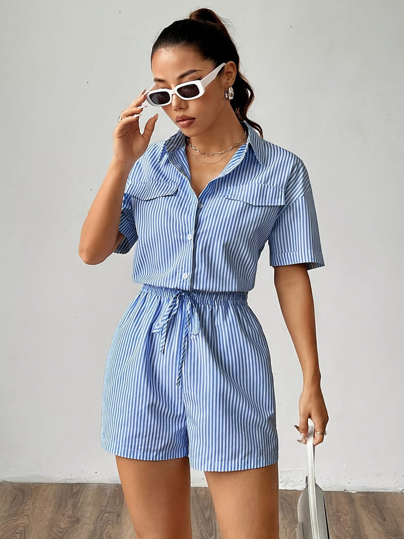 Trendy women's jumpsuit with short sleeves for summer - StripeFresh-S-State of Style