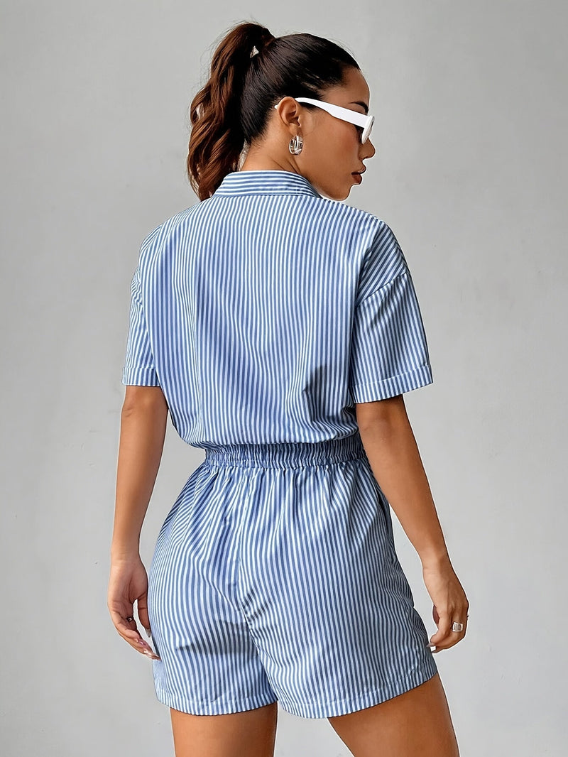 Trendy women's jumpsuit with short sleeves for summer - StripeFresh-S-State of Style