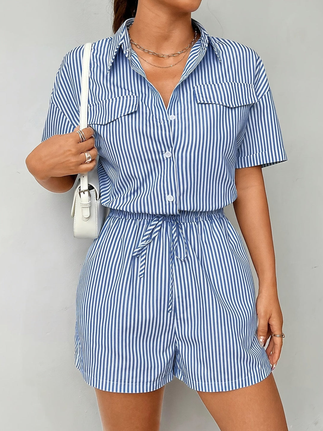 Trendy women's jumpsuit with short sleeves for summer - StripeFresh-S-State of Style