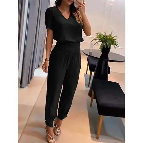 Trendy women's jumpsuit with short sleeves & wide legs – Alina-Black-S-State of Style