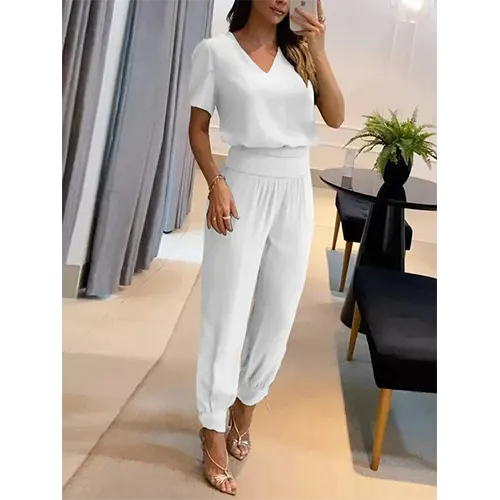 Trendy women's jumpsuit with short sleeves & wide legs – Alina-White-S-State of Style