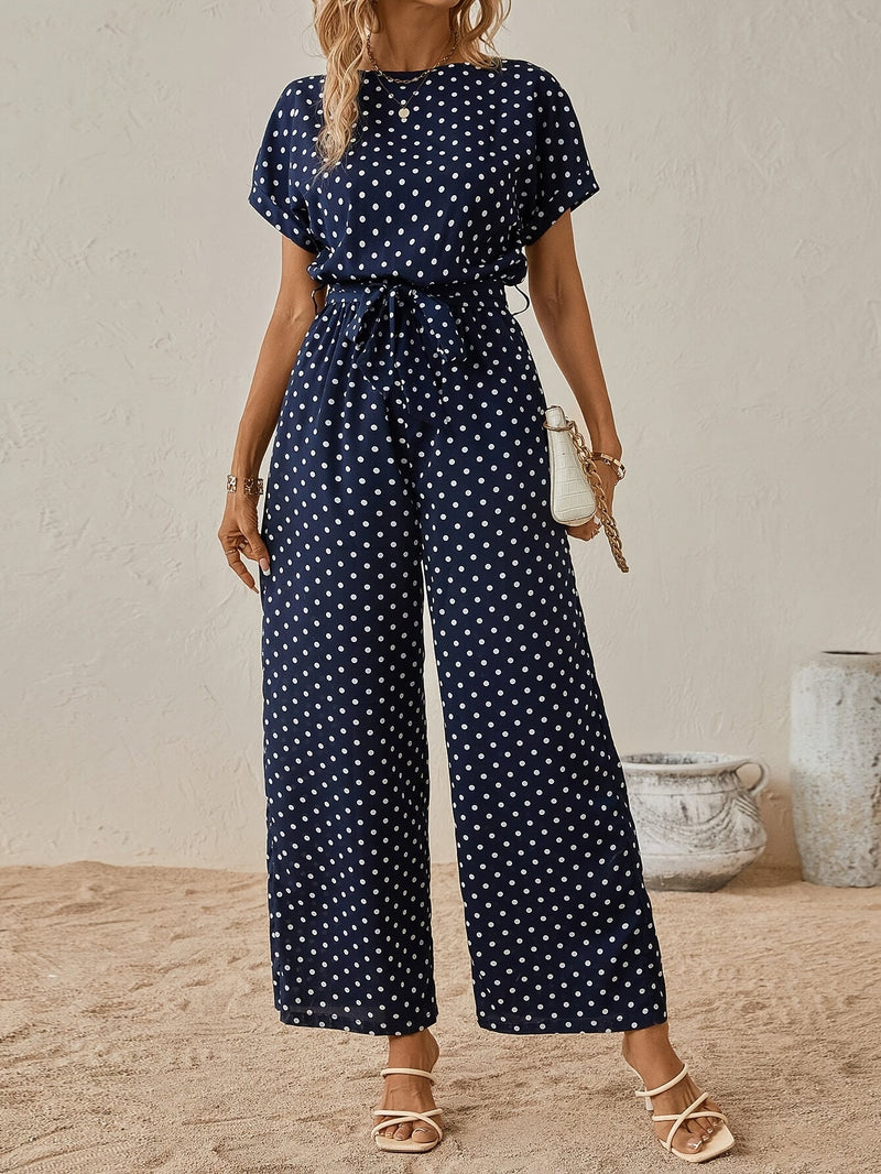 Trendy women's jumpsuit with waistband and polka dot pattern - DotJoy-S-State of Style